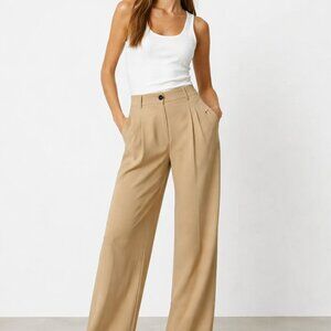 NEW Zara Large pants tall wide leg button zip pockets dress trousers khaki brown